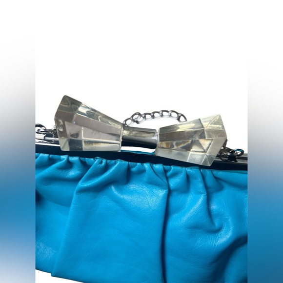 Le Château Turquoise Ruched Clutch w/ Bow Clasp & Silver Chain Strap - Picture 2 of 6